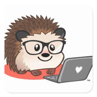 Cute Blogging Geeky Hedgehog On A Laptop Square Sticker