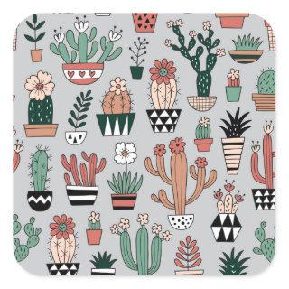 Cute Blooming Cactuses: Hand-Drawn Pattern Square Sticker