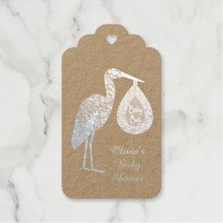 Cute Blue Baby Boy Stork Custom Baby Shower Foil Gift Tags