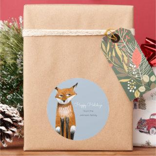 Cute blue Christmas Holiday Animal fox Classic Round Sticker
