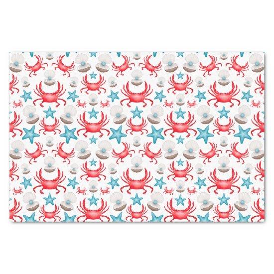 Cute Blue Coastal Seaside Crab & Shell Pattern Tissue Paper