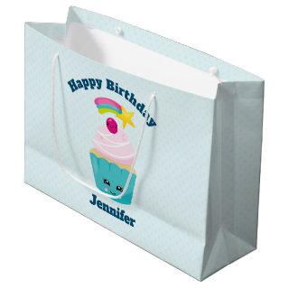 Cute Blue Cupcake with Kawaii Face Birthday Large Gift Bag