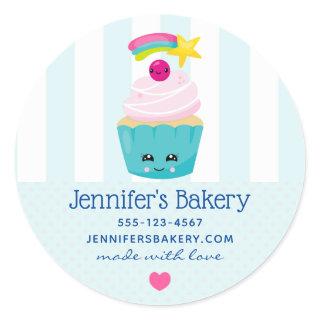 Cute Blue Cupcake with Kawaii Face Business Classic Round Sticker