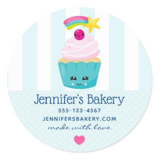 Cute Blue Cupcake with Kawaii Face Business Classic Round Sticker