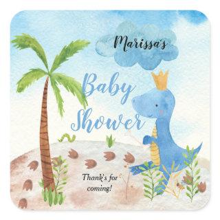 Cute Blue Dinosaur Palm Tree Boy Baby Shower Square Sticker
