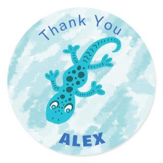 Cute Blue Gecko Lizard Thank You Name Classic Round Sticker