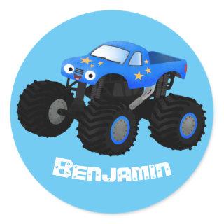 Cute blue monster truck cartoon illustration classic round sticker