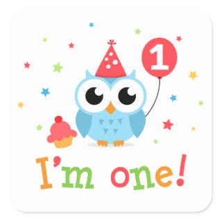 Cute, blue owl with balloon and cupcake I am one Square Sticker