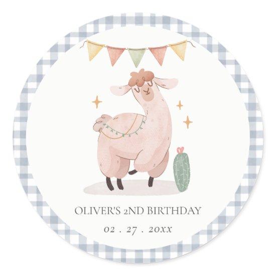 Cute Blue Plaid Cactus Boho Llama Any Age Birthday Classic Round Sticker