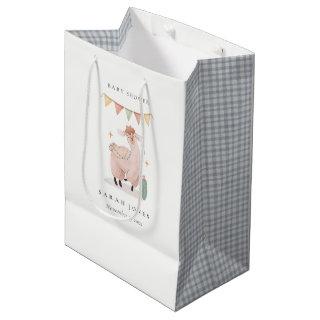 Cute Blue Plaid Cactus Boho Llama Baby Shower Medium Gift Bag