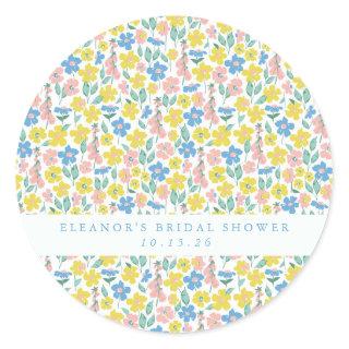 Cute Blue Yellow Floral Custom Bridal Shower  Classic Round Sticker