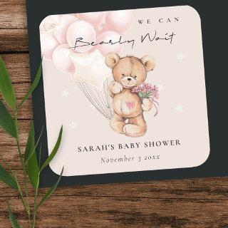 Cute Blush Bearly Wait Bear Balloon Baby Shower Square Sticker