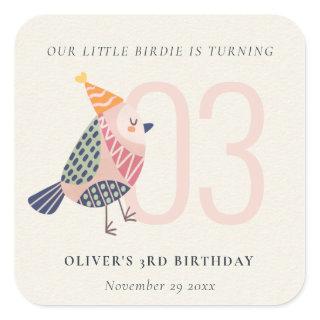 Cute Blush Pink Boho Birdie Any Age Birthday Square Sticker