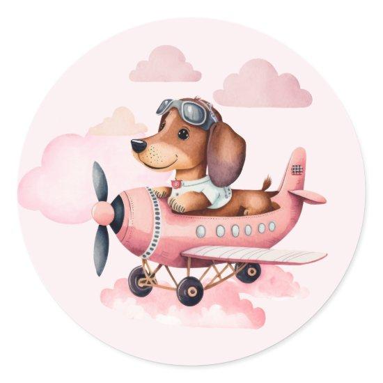 Cute Blush Pink Dachshund Plane Girl Baby Shower Classic Round Sticker