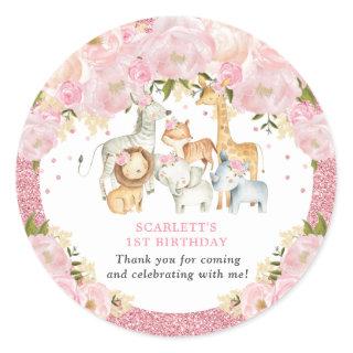 Cute Blush Pink Floral Jungle Birthday Baby Shower Classic Round Sticker