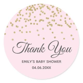 Cute Blush Pink Gold Glitter Thank You Baby Shower Classic Round Sticker