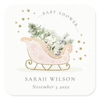 Cute Blush Pink Gold Winter Sleigh Baby Shower Square Sticker