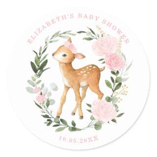 Cute Blush Roses Greenery Woodland Deer Fawn Baby Classic Round Sticker