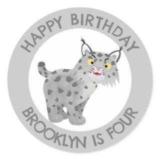 Cute bobcat lynx cartoon personalized birthday classic round sticker