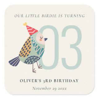 Cute Boho Aqua Blue Birdie Any Age Birthday Square Sticker