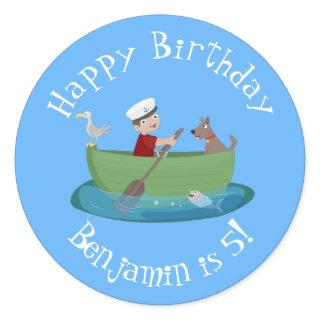 Cute boy sailor and dog rowing boat cartoon classic round sticker