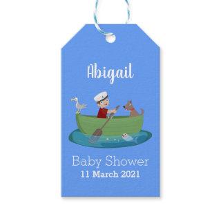 Cute boy sailor and dog rowing boat cartoon  gift tags