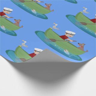 Cute boy sailor and dog rowing boat cartoon