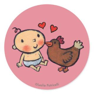 Cute Brown Chicken Peck on the Cheek for Baby Classic Round Sticker
