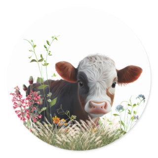 Cute Brown Cow sitting in garden Classic Round Sticker