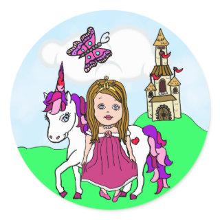Cute Brown Haired Princess and Unicorn Castle Classic Round Sticker