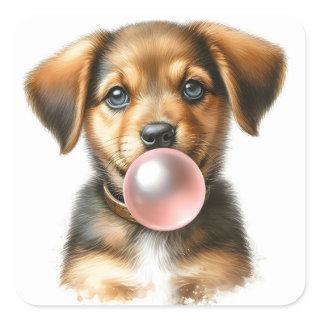 Cute Brown Puppy Dog Blowing Bubble Gum  Square Sticker