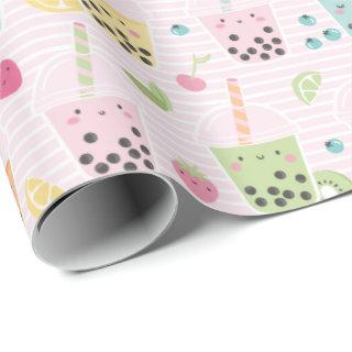 Cute Bubble Tea on light pink and white stripe