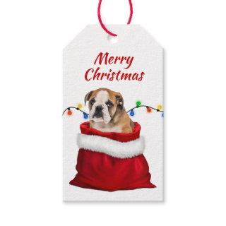 Cute Bulldog Puppy in Santa Bag Gift Tags