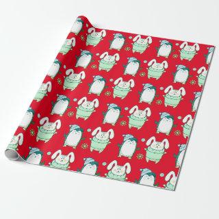 CUTE BUNNY AND PENGUIN RED CHRISTMAS GIFT WRAPPING