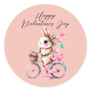 Cute Bunny Hearts Pink Hearts Happy Valentines Day Classic Round Sticker