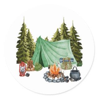 Cute Camping Theme Campfire, Tent, Forest Classic Round Sticker