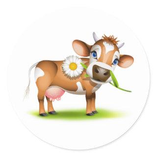 Cute Cartoon Dairy Cow with Flower and Grass  Classic Round Sticker