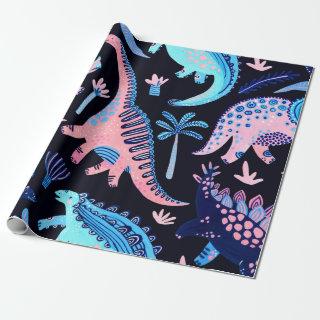 Cute cartoon dinosaurs seamless pattern in scandin