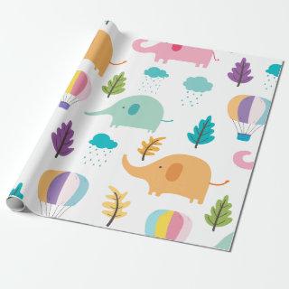 Cute cartoon elephants hot-air balloons and trees