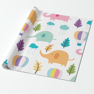 Cute cartoon elephants hot-air balloons and trees