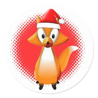 Cute Cartoon Fox Animal With Santas Hat Red Classic Round Sticker