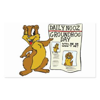 Cute Cartoon Groundhog w/ Groundhog Day Newpaper Rectangular Sticker