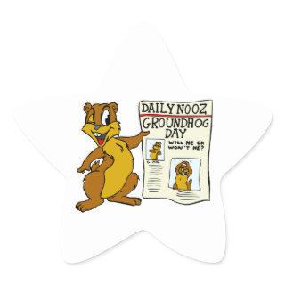 Cute Cartoon Groundhog w/ Groundhog Day Newpaper Star Sticker