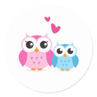Cute cartoon owls with hearts classic round sticker