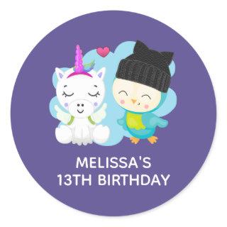 Cute Cartoon Pals -  Happy Unicorn & Bird Birthday Classic Round Sticker