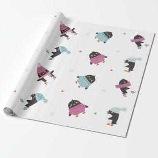 cute cartoon penguins with hearts and snowflakes