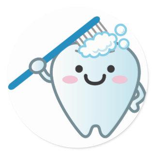 Cute Cartoon Tooth Brushing with Toothbrush Classic Round Sticker