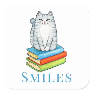 Cute Cat  Bookworm Reading Book Lover Hello Love Square Sticker