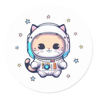 Cute Cat In Astronaut Suit Floating In Space Classic Round Sticker