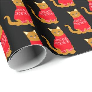 Cute Cat in Christmas Jumper Red Black Patterned
